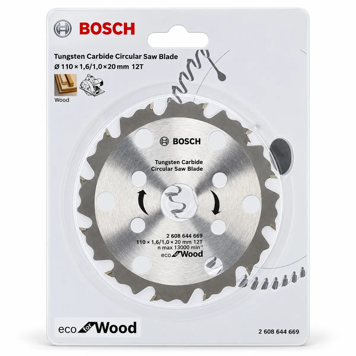 Bosch Eco for Wood Cutting wheel 110mm 12T Tungsten Carbide Circular Saw Blade, 20mm Bore (2608644669)