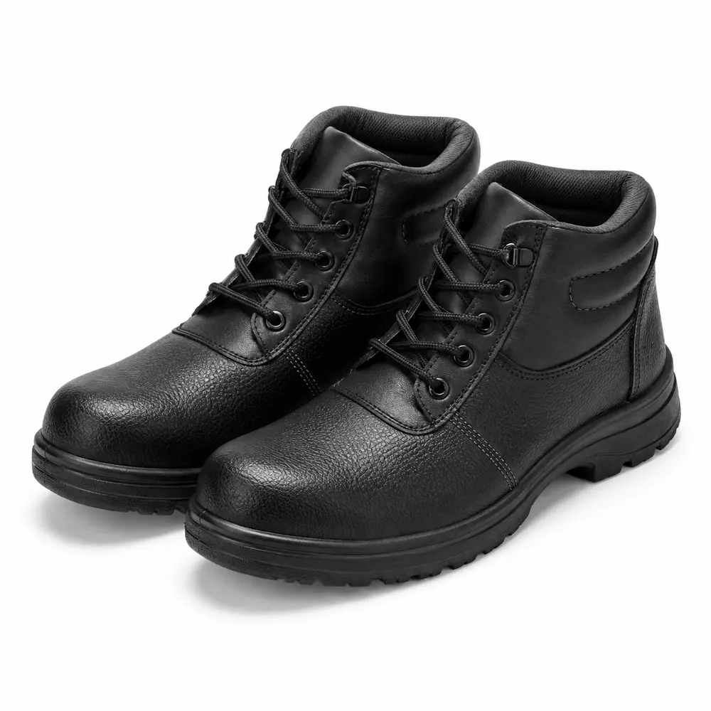 Steel Toe High Ankle Genuine Leather Safety Shoes with PVC Sole - Black